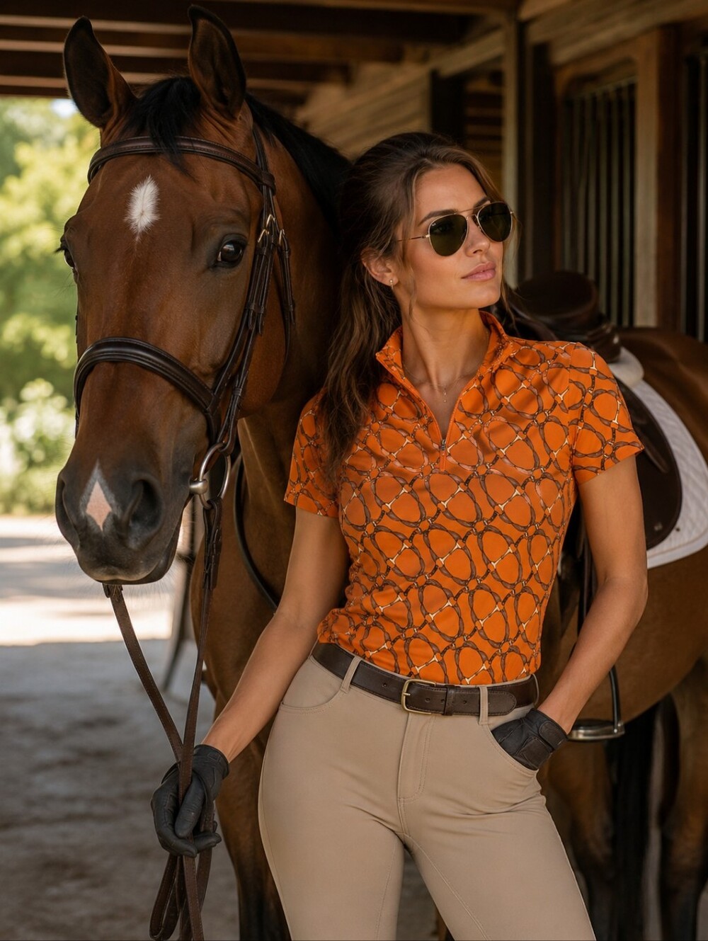 IBKUL Orange Equestrian Horse Bit Print Quarter Zip Golf Polo Shirt Women's S
